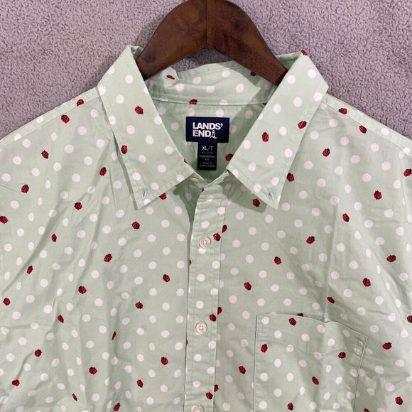 NWOT Lands' End Men's XL Mint Green Polka Dot & Ladybug Short Sleeve Button-Up - Picture 8 of 11